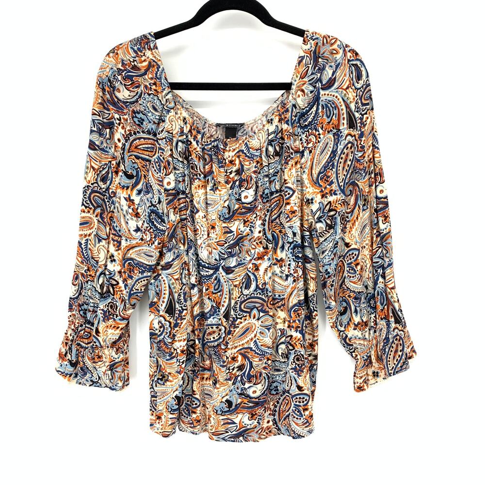 I.N. Studio Paisley Print 3/4 Sleeve Blouse Womens Size XL Blue Orange Cream